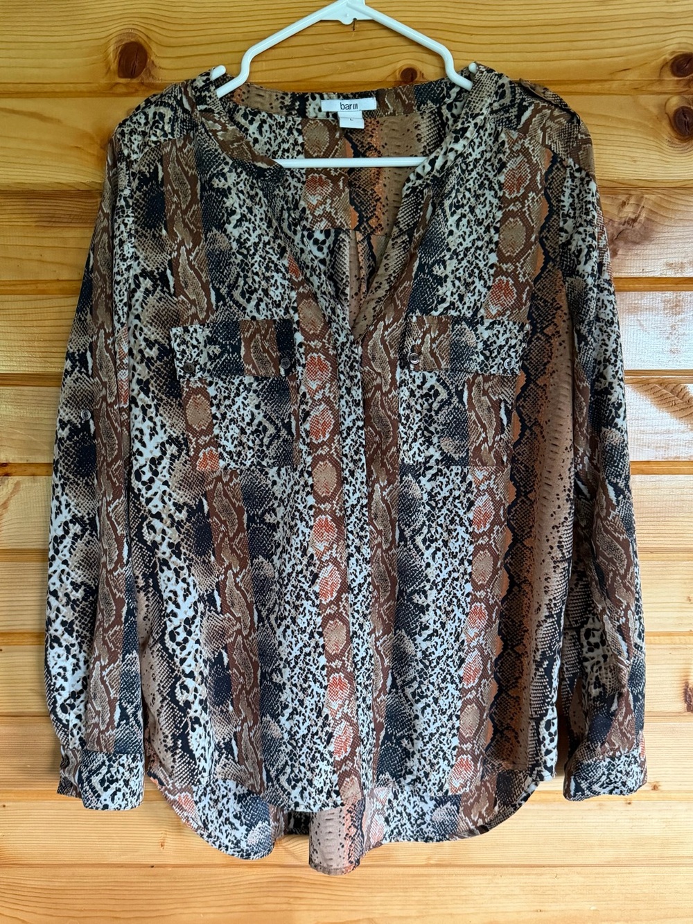 Bar III Brown Cream and Black Snake-Print Button-Down Blouse